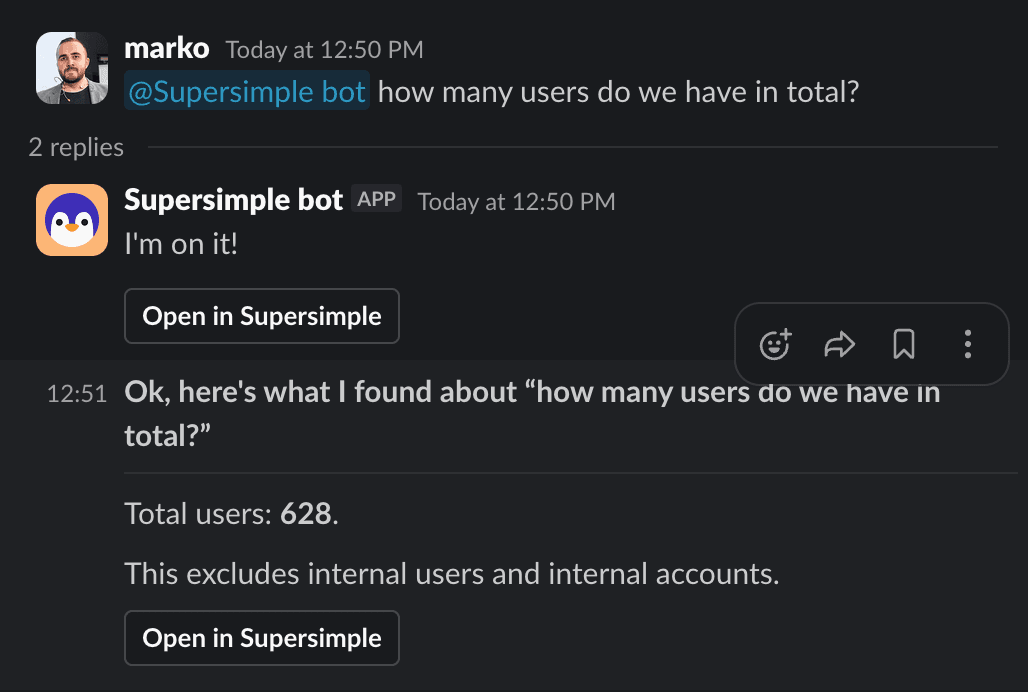 A question answered by Supersimple in Slack with a link to open the work in Supersimple
