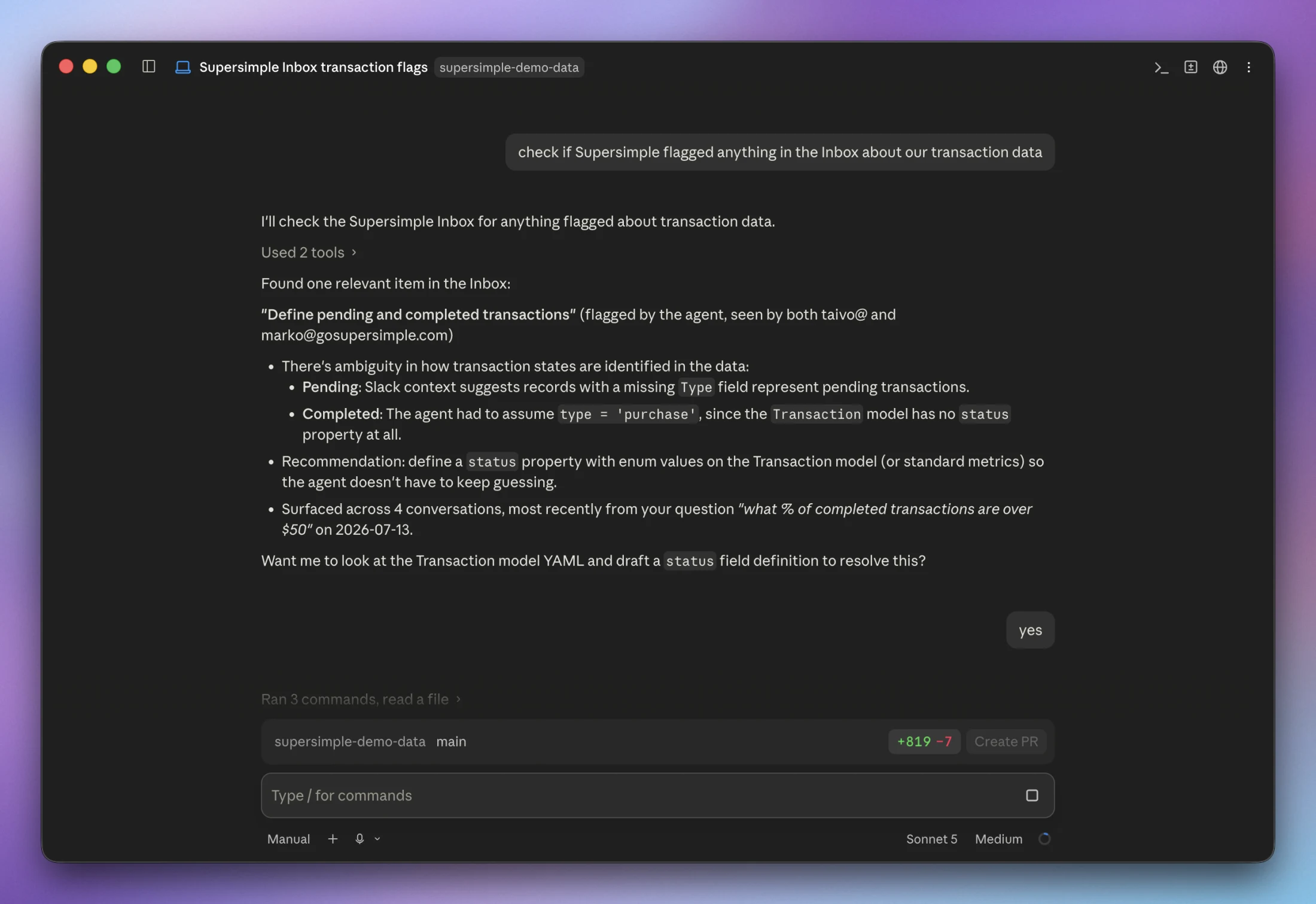 Claude Code using Supersimple MCP to inspect an Inbox finding about ambiguous transaction definitions and offer a model update