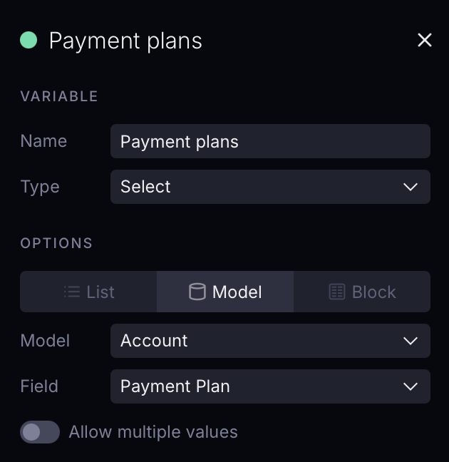 Variable options from a model