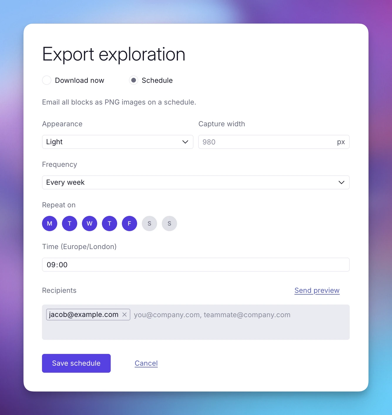 Exporting a saved exploration as a one-time download or on a recurring schedule